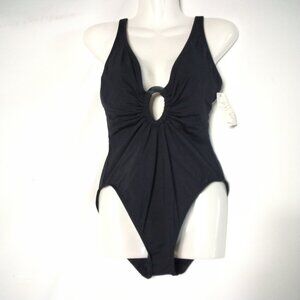 Anne Cole Signature 1 Pc. Black W/Silver O-Ring Front Maillot Swimsuit NWT Med